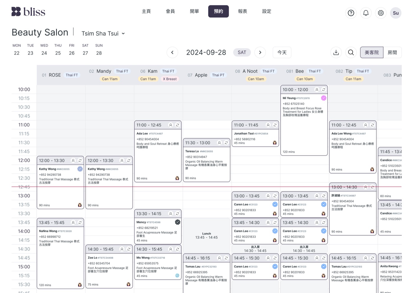 Bliss back office day view: one column per therapist, bookings laid out across the day